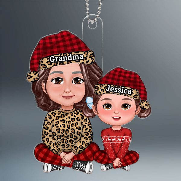 Leopard Checkered Grandma Grandkid Crossed Legs Christmas Gift For Granddaughter Grandson Personalized Acrylic Ornament Online - Image 2