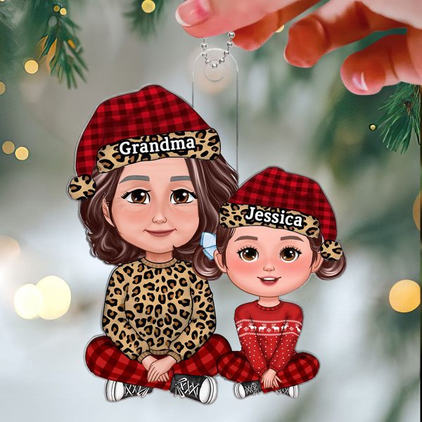Leopard Checkered Grandma Grandkid Crossed Legs Christmas Gift For Granddaughter Grandson Personalized Acrylic Ornament Online - Image 3