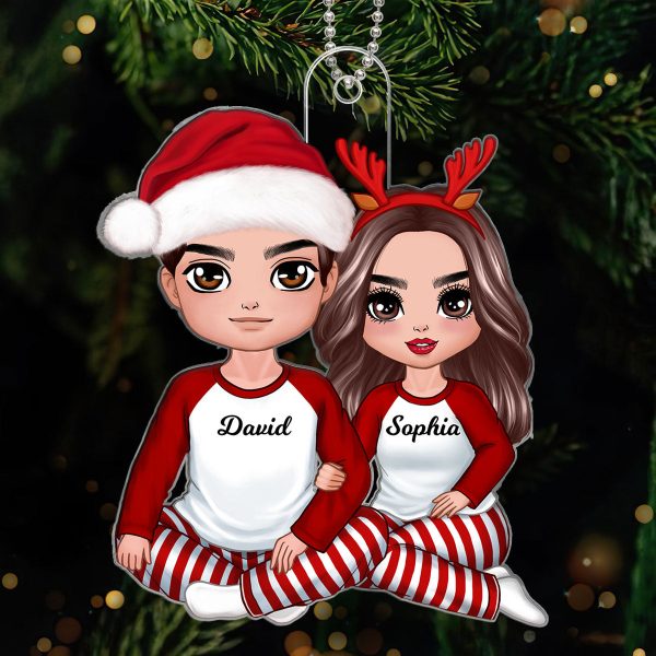 Christmas Doll Couple Sitting Hugging Personalized Acrylic Ornament For Cheap