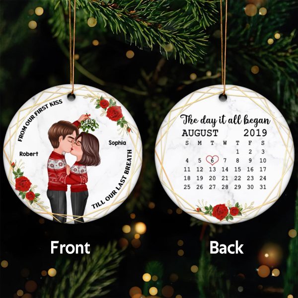 From Our First Kiss Couple Kissing Calendar Anniversary Keepsake Personalized Double Sided Circle Ornament For Cheap - Image 5
