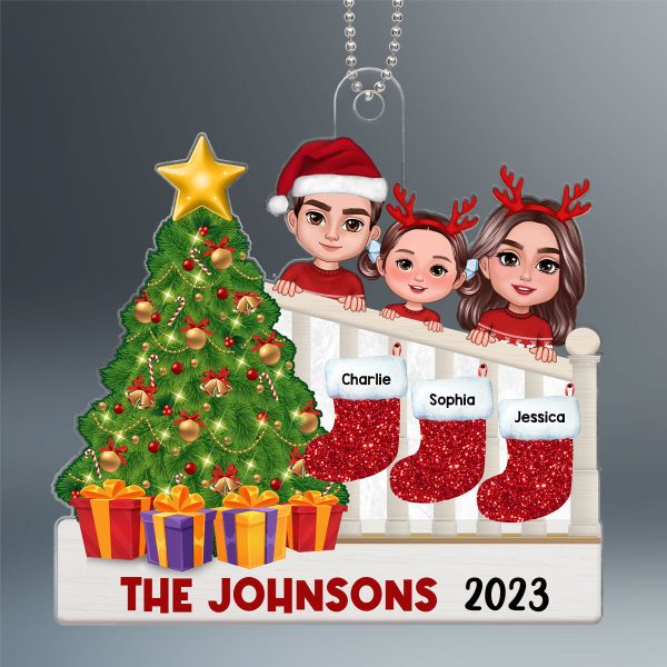 Family Peeking On Stairs Names On Stockings Personalized Acrylic Ornament For Discount - Image 2