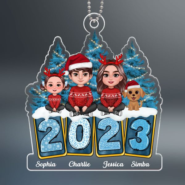 Family Sitting Crossed Legs Winter Vibes Yellow Blue Leopard Christmas Tree 2023 Personalized Acrylic Ornament For Cheap - Image 2
