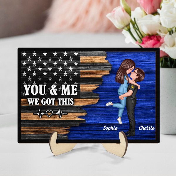 Saving Lives Together Hero Couple Half Flag Gifts by Occupation Gift For Her Gift For Him Firefighter, Nurse, Police Officer Personalized 2-Layer Wooden Plaque Sale - Image 2