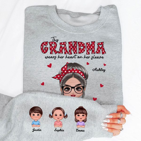 This Grandma Wears Her Heart On Her Sleeve Polka Dot Pattern Personalized Sleeve Printed Sweatshirt For Sale - Image 4