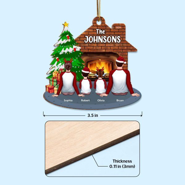 Pajamas Whole Family Sitting At Fireplace Personalized Wooden Ornament Online Sale - Image 4