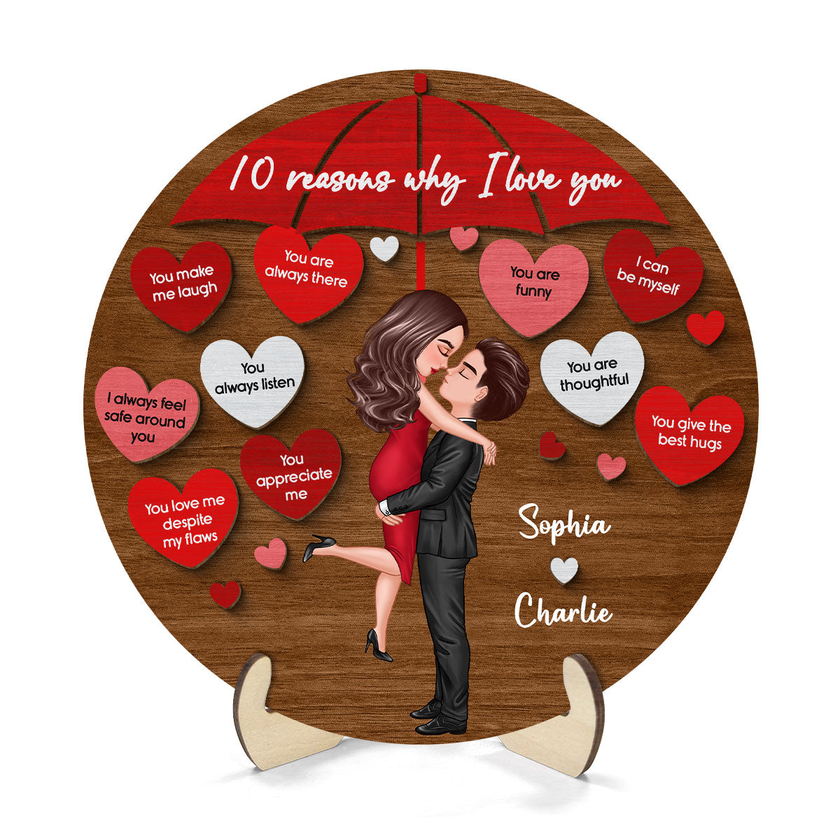 Reasons I Love You Couple Kissing Under Umbrella Personalized 2-layer Wooden Plaque Online