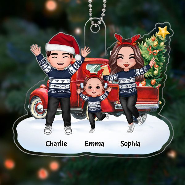 Happy Doll Family Dad Mom Kids Dogs Cats & Christmas Truck Personalized Acrylic Ornament Sale