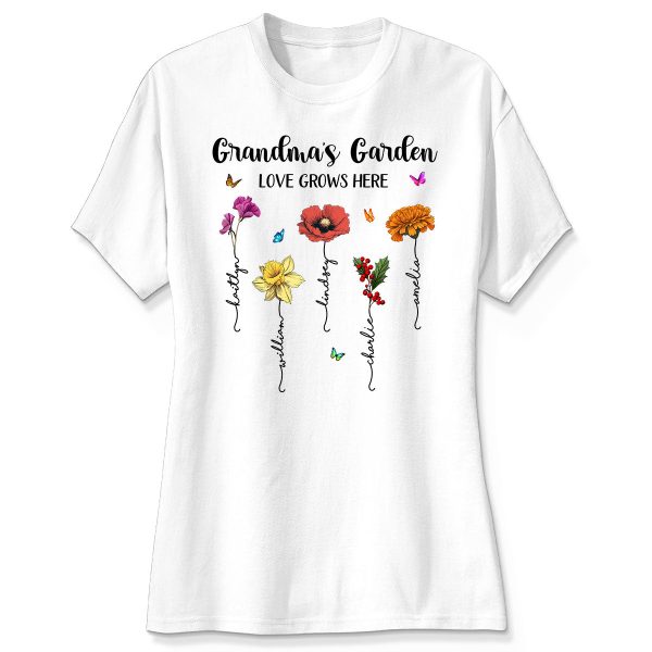 Grandma‘s Garden Love Grows Here Beautiful Birth Month Flower Mother‘s Day Gift For Grandma Mom Personalized Shirt Online now - Image 4