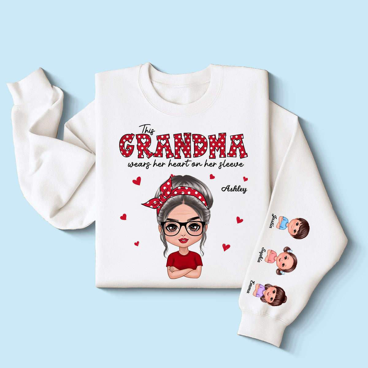 This Grandma Wears Her Heart On Her Sleeve Polka Dot Pattern Personalized Sleeve Printed Sweatshirt For Sale