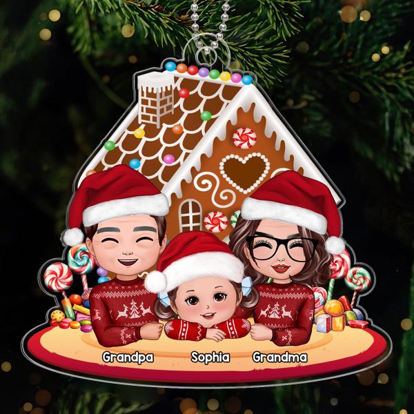 Grandma Grandpa Grandkid Gingerbread House Christmas Personalized Acrylic Ornament For Sale - Image 2