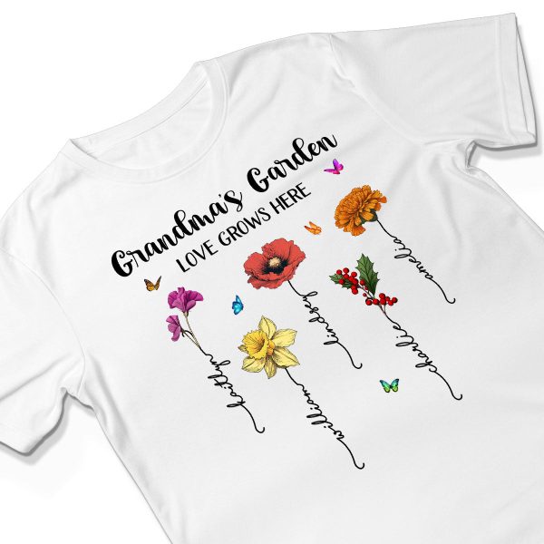 Grandma‘s Garden Love Grows Here Beautiful Birth Month Flower Mother‘s Day Gift For Grandma Mom Personalized Shirt Online now - Image 3