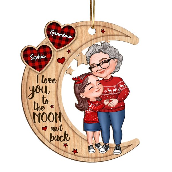Checkered Pattern Heart Cartoon Grandma & Grandkid Hugging On Moon Personalized Wooden Ornament on Sale