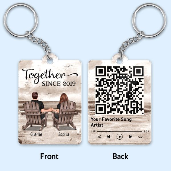 Retro Vintage Back View Couple Sitting Beach Landscape Favorite Song Scannable QR Code Personalized Acrylic Keychain Supply