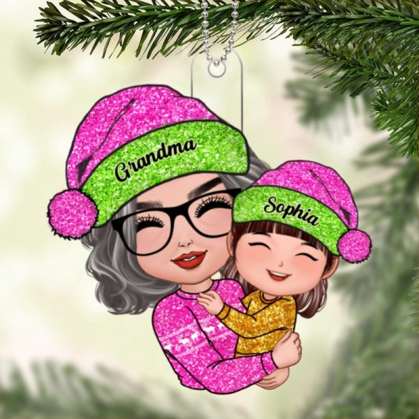 Grandma Hugging Grandkids Pink Sparkling Pattern Personalized Acrylic Ornament Online - Image 5
