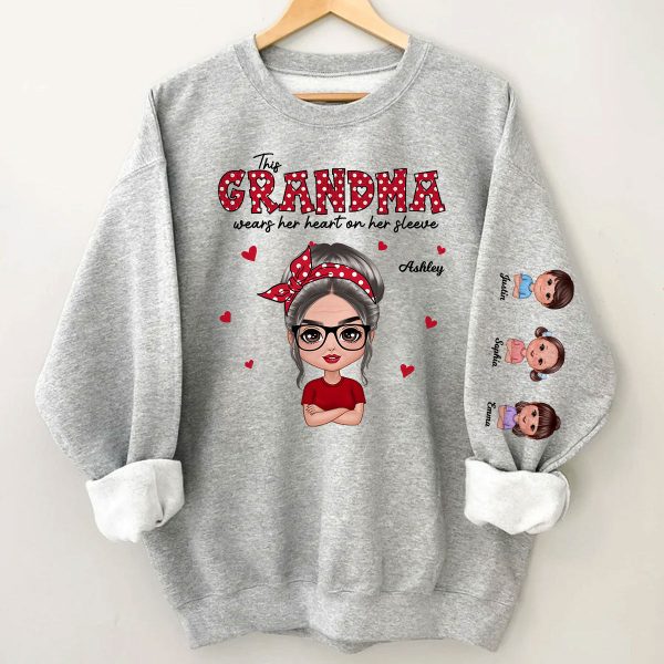 This Grandma Wears Her Heart On Her Sleeve Polka Dot Pattern Personalized Sleeve Printed Sweatshirt For Sale - Image 2
