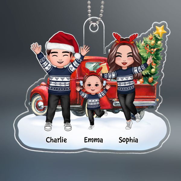 Happy Doll Family Dad Mom Kids Dogs Cats & Christmas Truck Personalized Acrylic Ornament Sale - Image 2