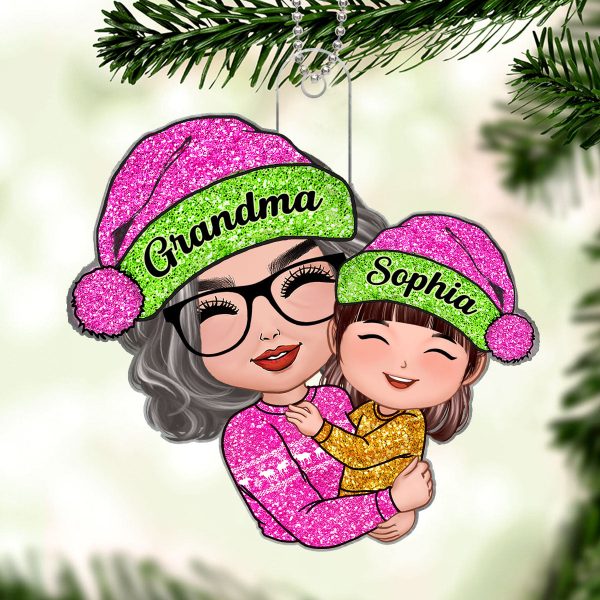 Grandma Hugging Grandkids Pink Sparkling Pattern Personalized Acrylic Ornament Online