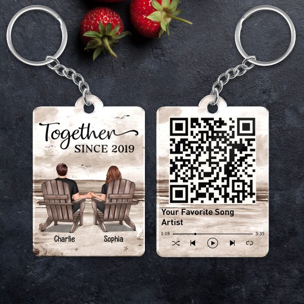Retro Vintage Back View Couple Sitting Beach Landscape Favorite Song Scannable QR Code Personalized Acrylic Keychain Supply - Image 5