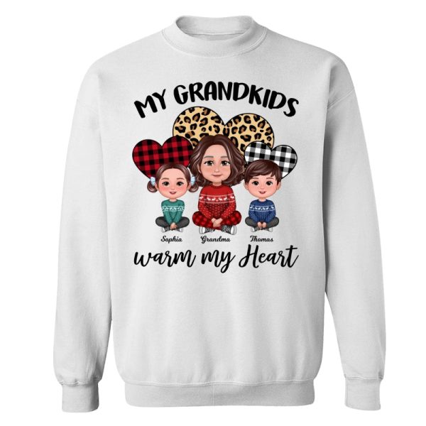Leopard Checkered Pattern Grandkids Warm My Heart Doll Grandma And Kids Sitting Crossed Legs Christmas Personalized Shirt Fashion - Image 5