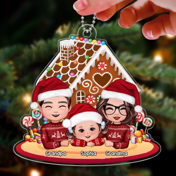 Grandma Grandpa Grandkid Gingerbread House Christmas Personalized Acrylic Ornament For Sale - Image 4