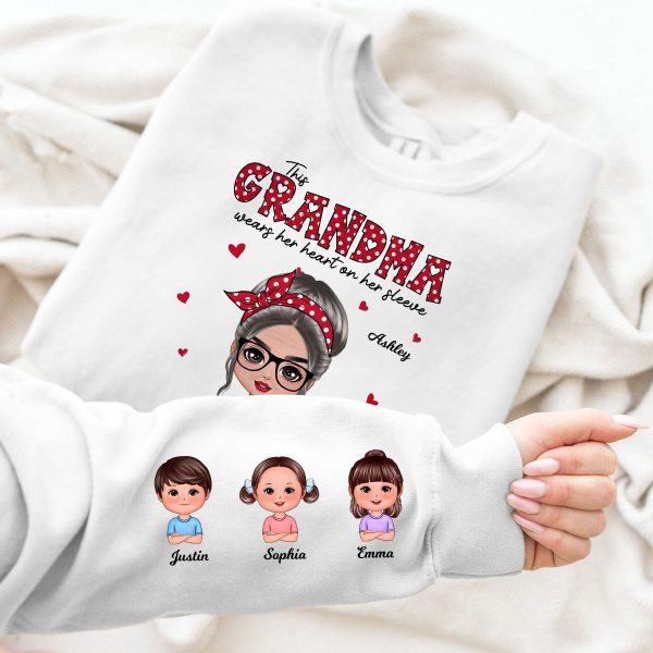 This Grandma Wears Her Heart On Her Sleeve Polka Dot Pattern Personalized Sleeve Printed Sweatshirt For Sale - Image 3
