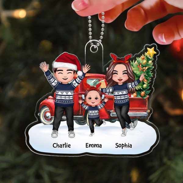 Happy Doll Family Dad Mom Kids Dogs Cats & Christmas Truck Personalized Acrylic Ornament Sale - Image 3