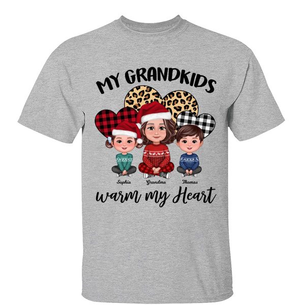 Leopard Checkered Pattern Grandkids Warm My Heart Doll Grandma And Kids Sitting Crossed Legs Christmas Personalized Shirt Fashion