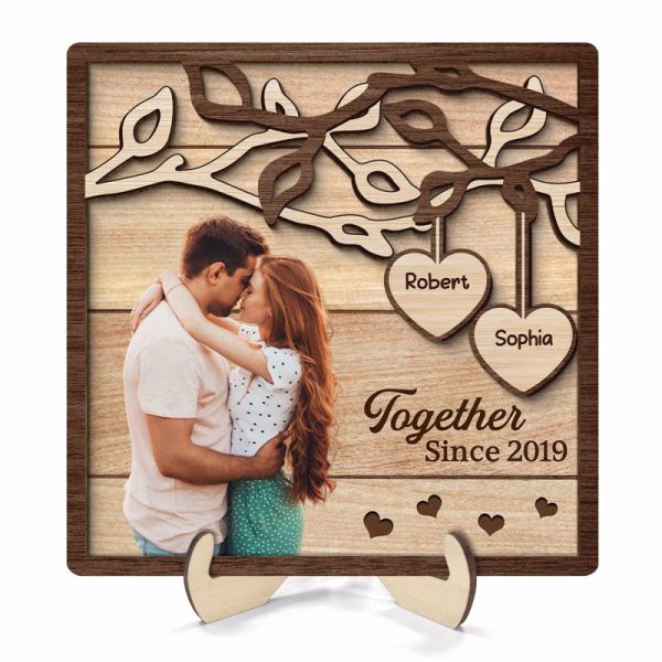 Couple Kissing Under Tree Photo Upload Personalized 2-Layer Wooden Plaque For Cheap