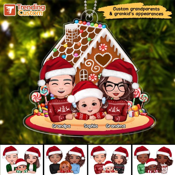 Grandma Grandpa Grandkid Gingerbread House Christmas Personalized Acrylic Ornament For Sale