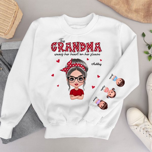 This Grandma Wears Her Heart On Her Sleeve Polka Dot Pattern Personalized Sleeve Printed Sweatshirt For Sale - Image 5