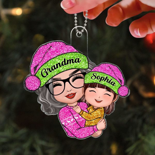 Grandma Hugging Grandkids Pink Sparkling Pattern Personalized Acrylic Ornament Online - Image 3