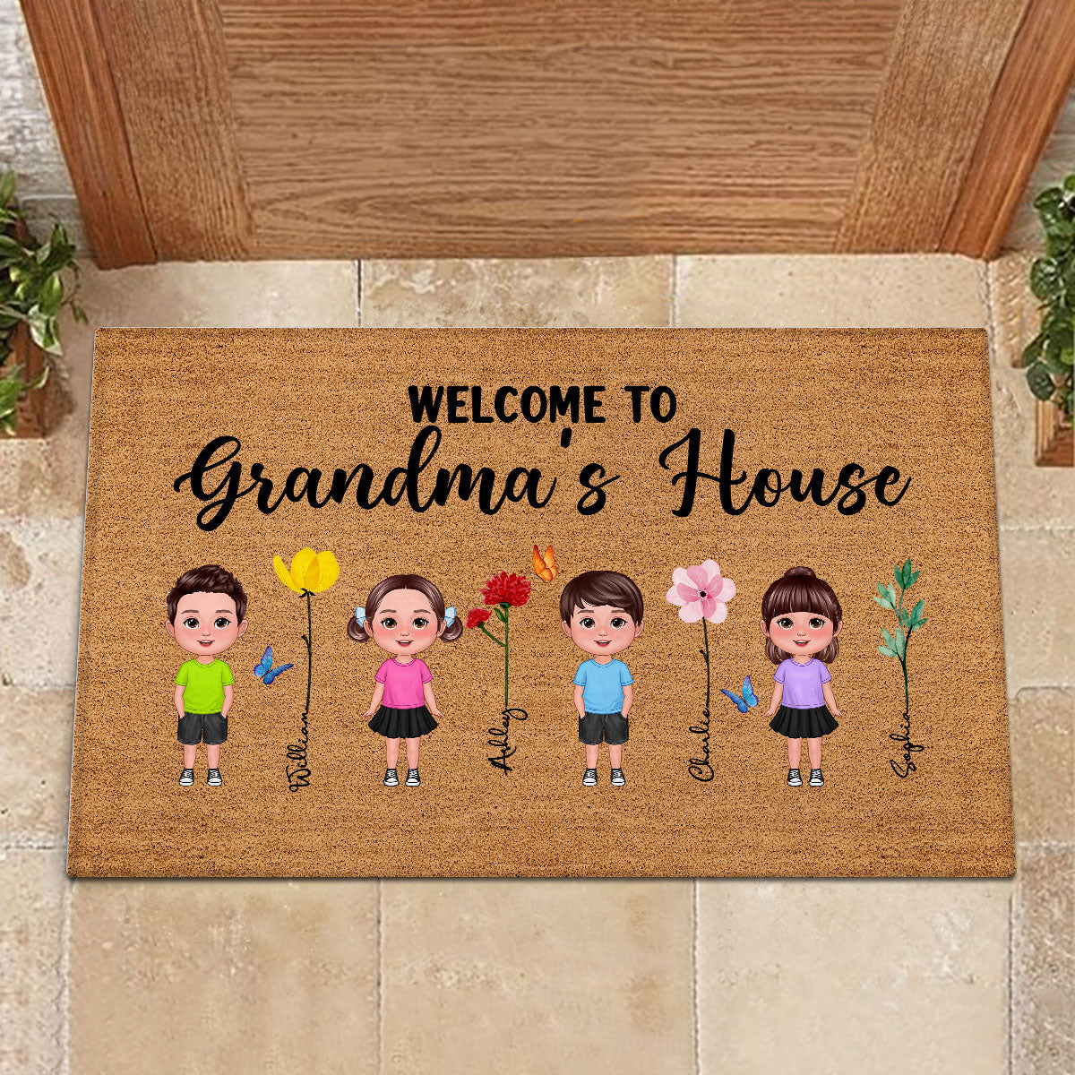 Welcome To Grandma Grandpa Grandparents House Grandkids Standing Watercolor Flowers Personalized Doormat Fashion