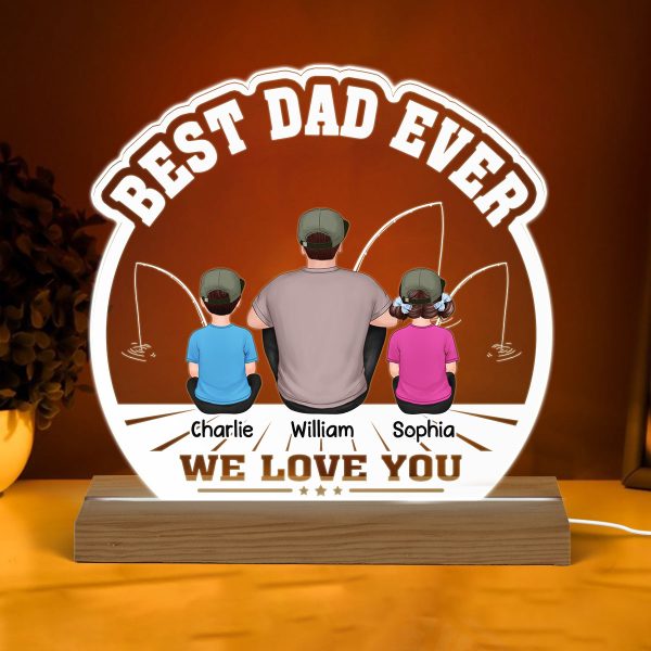 Best Fishing Dad Ever Back View Man And Kids Sitting Personalized Personalized Custom Shape Acrylic Plaque Warm LED Night Light Online now