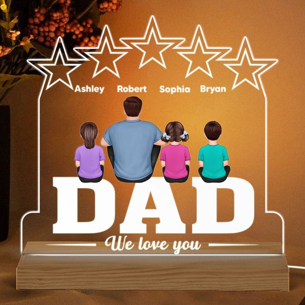 Back View Man & Kids Sitting On Word Five Star Personalized Custom Shaped Acrylic Plaque With Warm LED Night Light For Discount - Image 2