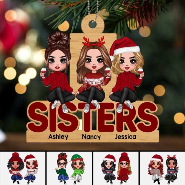 Doll Sisters Sitting On Word Personalized Wooden Ornament on Sale - Image 2