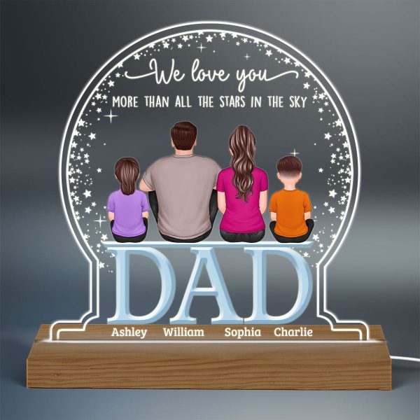 Dad We Love You More Than Stars In Sky Back View Sitting Man & Kids Personalized Custom Shaped Acrylic Plaque With Warm LED Night Light For Sale - Image 3