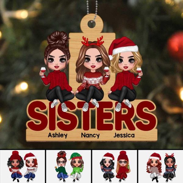 Doll Sisters Sitting On Word Personalized Wooden Ornament on Sale - Image 3