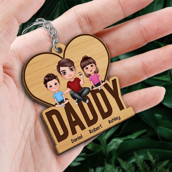 Dad And Kids Sitting Personalized Wooden Keychain Fashion - Image 2
