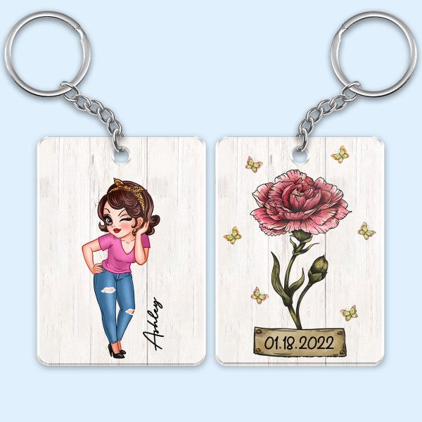 Pretty Woman Custom Character Beautiful Vintage Birth Flower & Name Birthday Gift For Family Friends Personalized Acrylic Keychain Online now