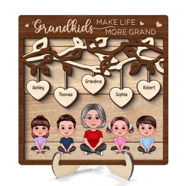 Grandkids Make Life Grand Grandma Grandchildren Under Tree Personalized 2-Layer Wooden Plaque For Cheap